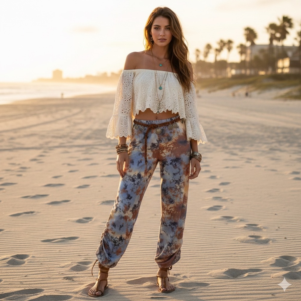 Whimsical Boho Jaded Ruched Hem Tie-Dye Knit Baggy Pants S Gray Peach